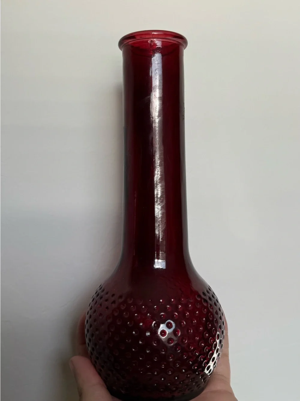 Vintage ruby red hobnail vase 9”
